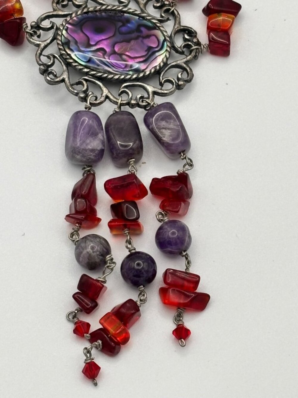 Vintage Abalone Pendant Necklace With Red Agate & Amethyst Statement - Picture 2 of 5
